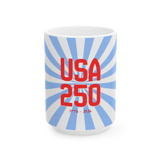 USA 250 Ceramic Mug, Ice Blue — Red & Blue Patriotic Coffee Cup