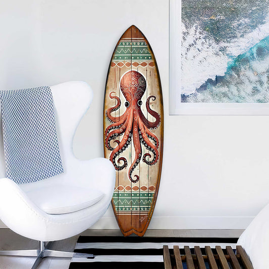 Handcrafted Coastal Ocean Octopus Surfboard Wall Art