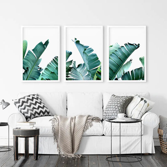 Green Banana Leaves Tropical Wall Art - 3 Piece Set.
