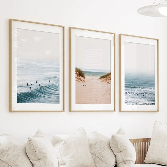 Modern Beach Posters - Sandy Beach, Waves, Surfers Wall Art