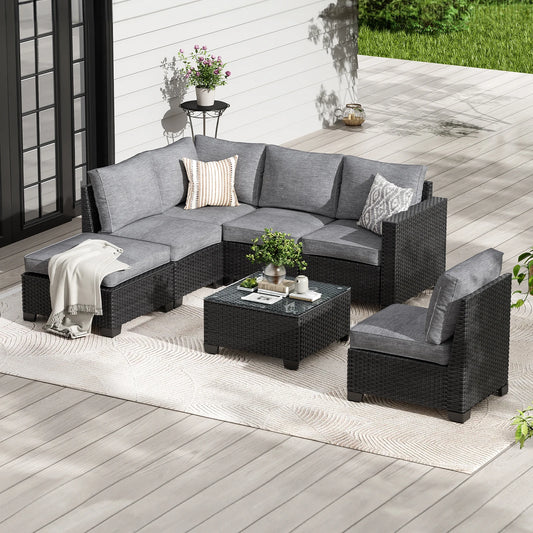 Patio Sectional Sofa Set, Outdoor Furniture with Ottoman