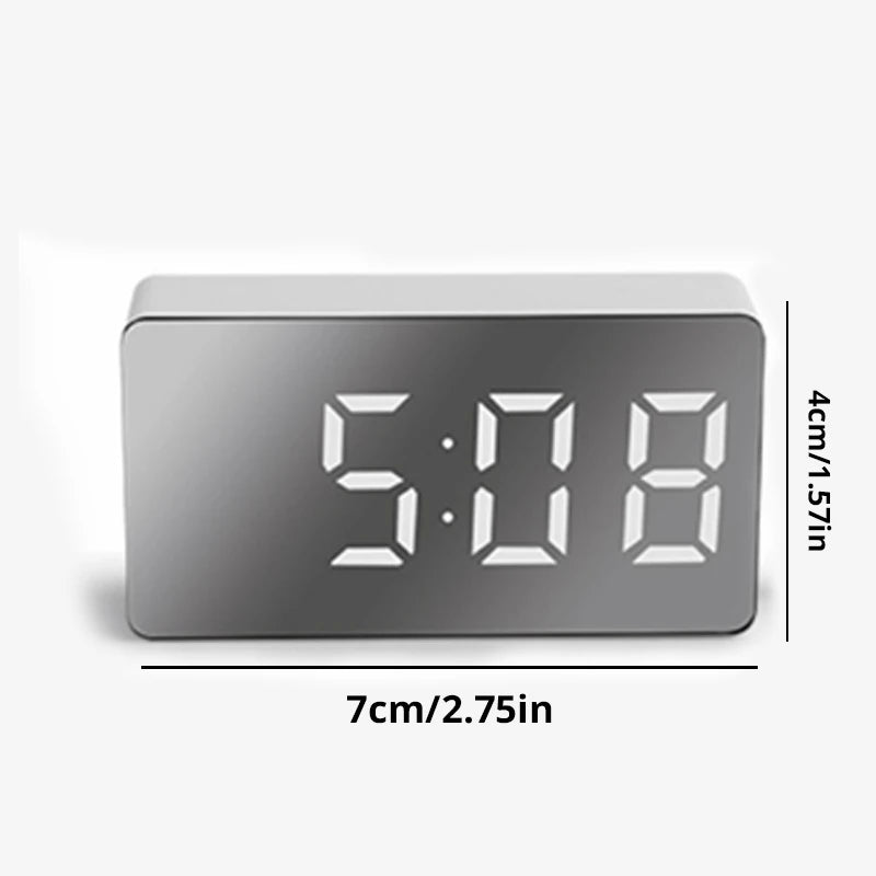 1Pc White LED Mirror Table Clock Snooze Display Time