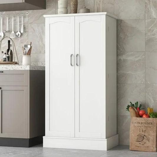 White Freestanding Kitchen Pantry Cabinet with Adjustable Shelves