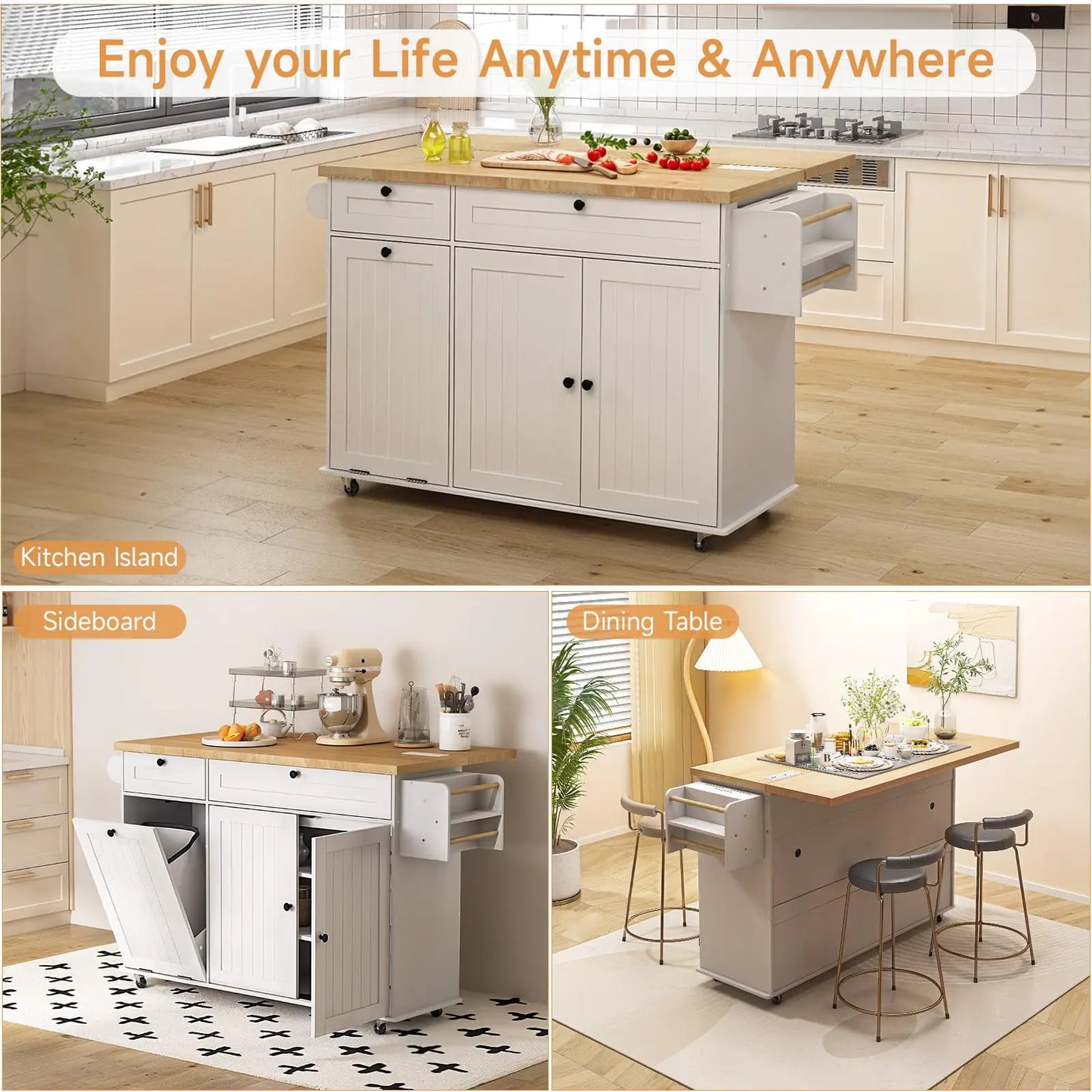 60" Mobile Kitchen Island Rolling Trolleys with Trach Bin