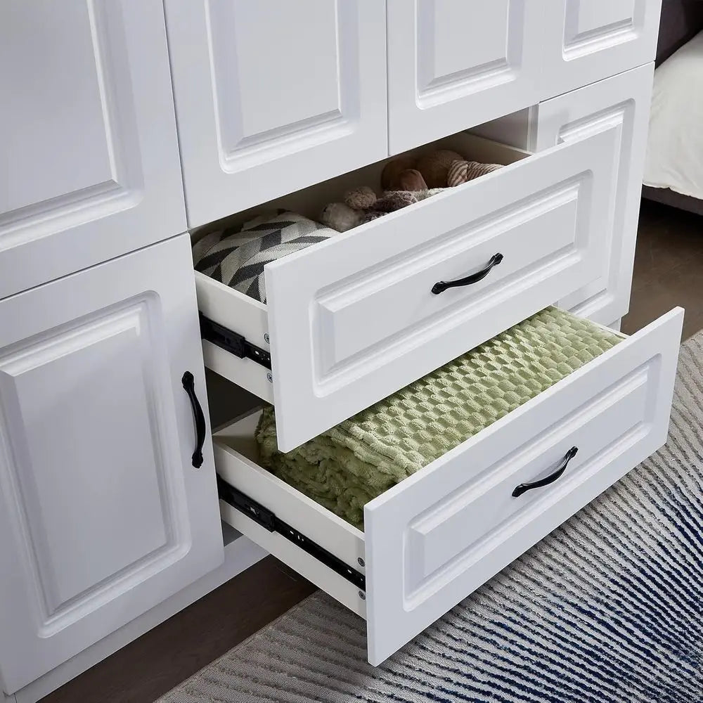 Large White Wooden 4-Door Wardrobe with 2 Drawers, Hanging Rails, and Shelves for Storage