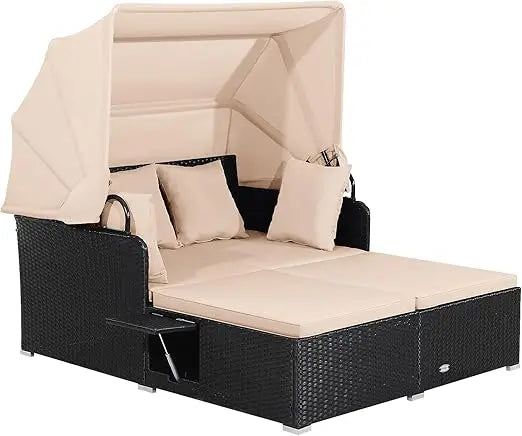 Patio Rattan Daybed Wicker Lounger w/Retractable Canopy