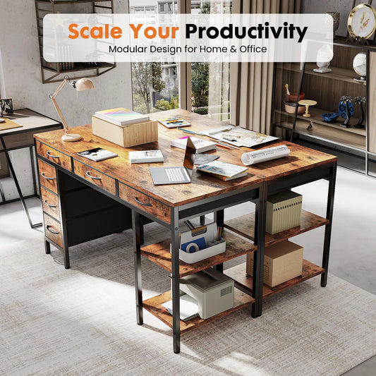 Computer Desk with 6 Drawers, Shelves for Home Office