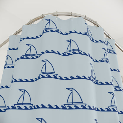 Nautical Sailboat Wave Shower Curtain — Blue Coastal Bathroom Decor