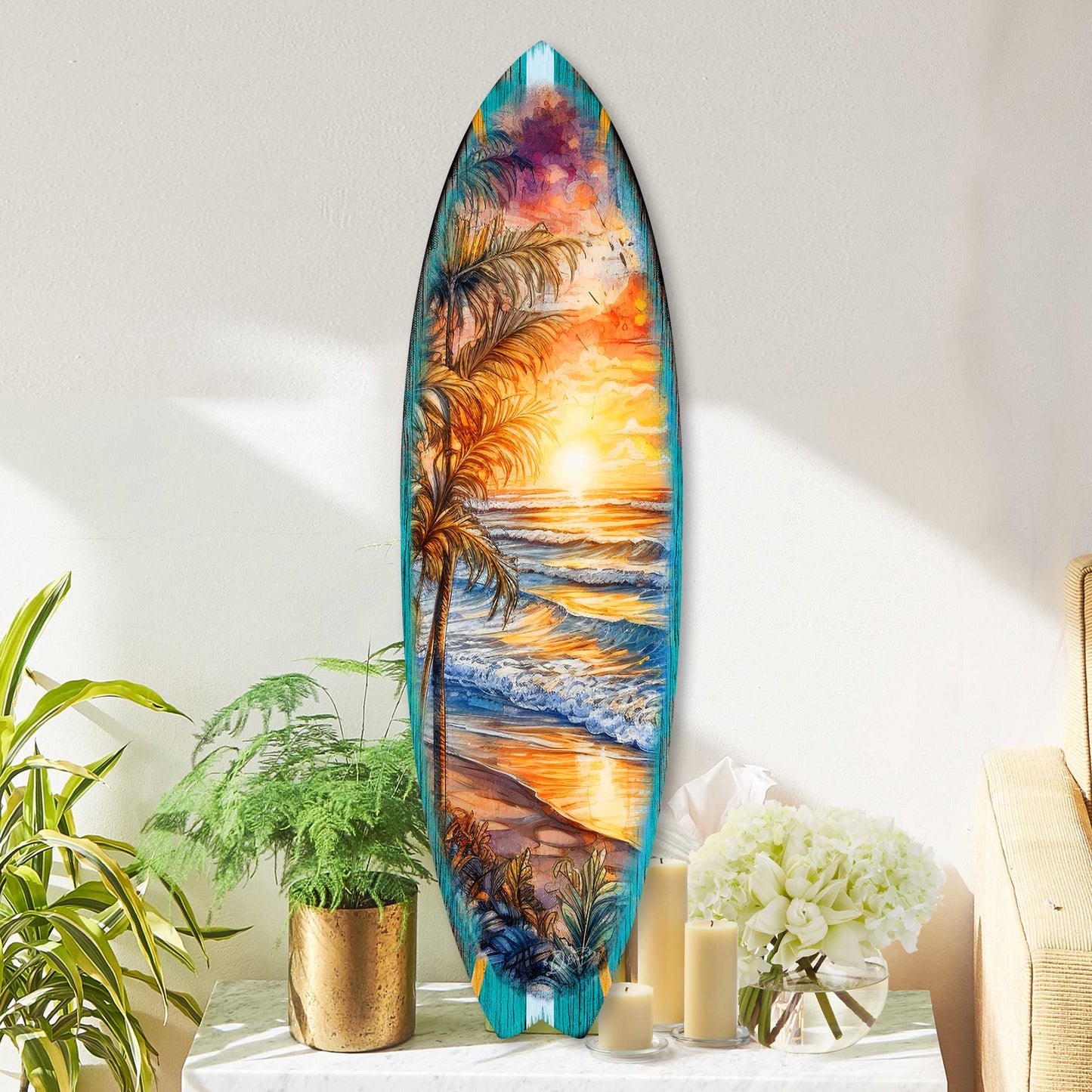 Surfboard Coastal - Golden Waves Ocean Sunset Wall Art