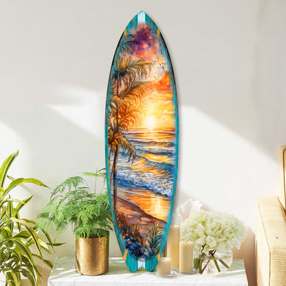 Surfboard Coastal - Golden Waves Ocean Sunset Wall Art