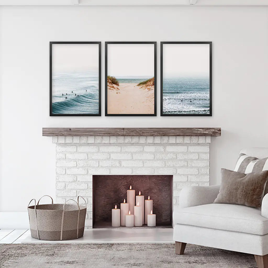 Modern Beach Posters - Sandy Beach, Waves, Surfers Wall Art