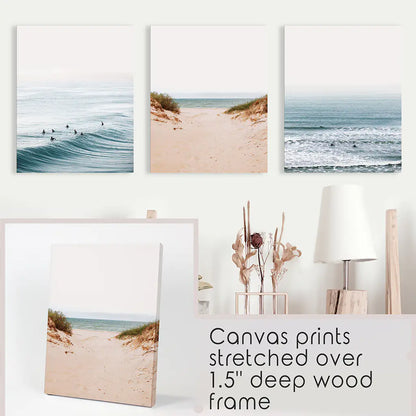 Modern Beach Posters - Sandy Beach, Waves, Surfers Wall Art