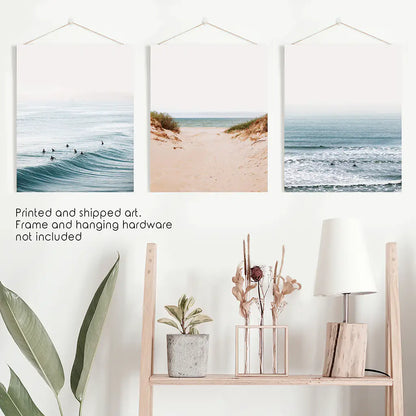 Modern Beach Posters - Sandy Beach, Waves, Surfers Wall Art