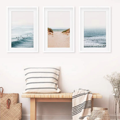 Modern Beach Posters - Sandy Beach, Waves, Surfers Wall Art