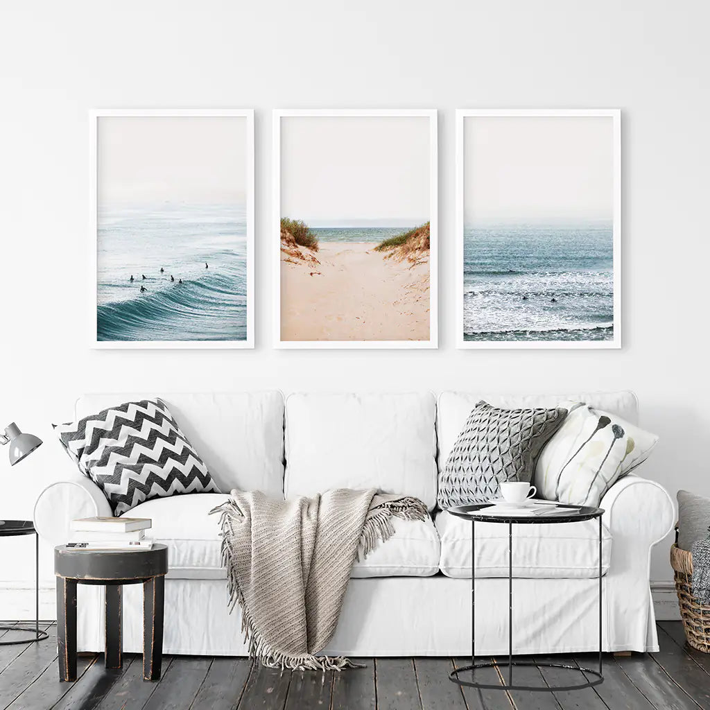 Modern Beach Posters - Sandy Beach, Waves, Surfers Wall Art
