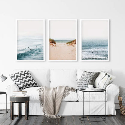 Modern Beach Posters - Sandy Beach, Waves, Surfers Wall Art