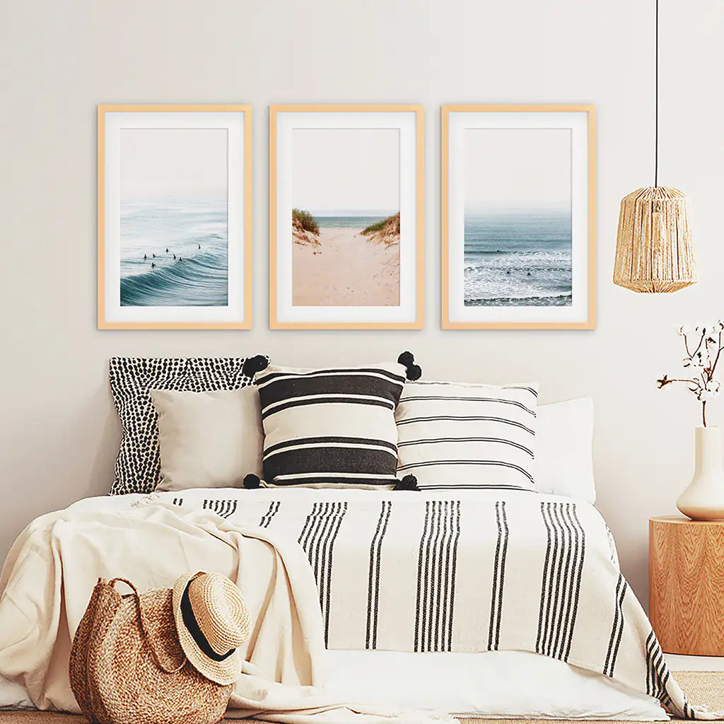 Modern Beach Posters - Sandy Beach, Waves, Surfers Wall Art