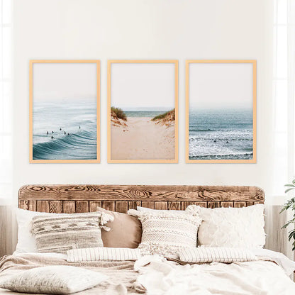 Modern Beach Posters - Sandy Beach, Waves, Surfers Wall Art