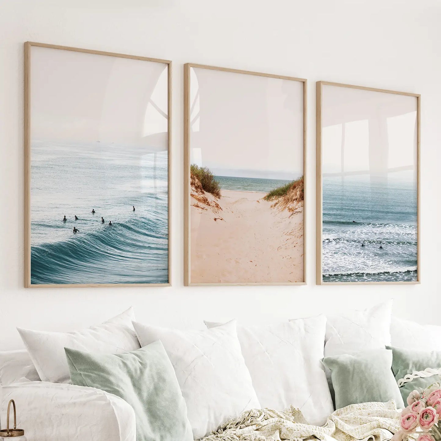 Modern Beach Posters - Sandy Beach, Waves, Surfers Wall Art