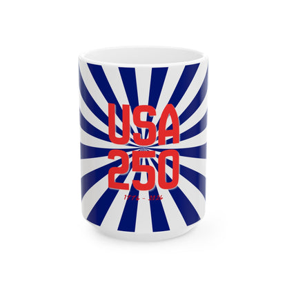 USA 250 Ceramic Mug — Red & Blue Patriotic Coffee Cup
