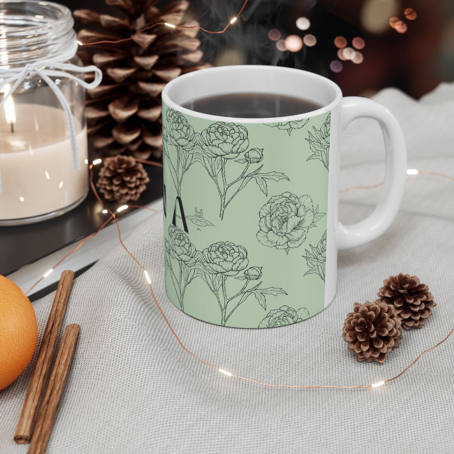 Floral NANA Ceramic Mug, Pastel Green