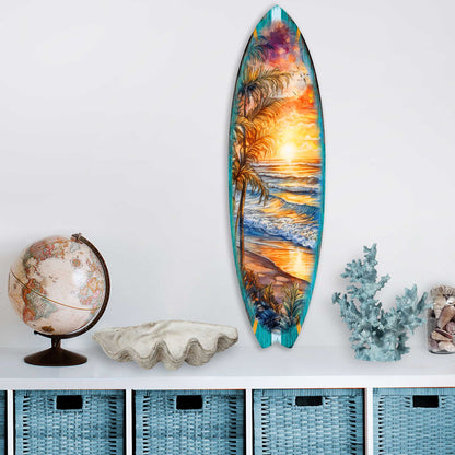Surfboard Coastal - Golden Waves Ocean Sunset Wall Art