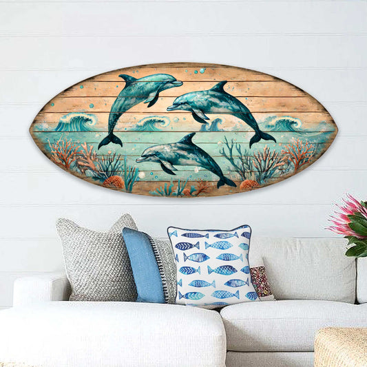 Dolphin Dance Surfboard Wall Art Wooden Decor