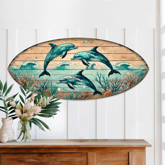 Dolphin Dance Surfboard Wall Art Wooden Decor