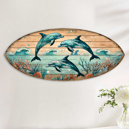 Dolphin Dance Surfboard Wall Art Wooden Decor