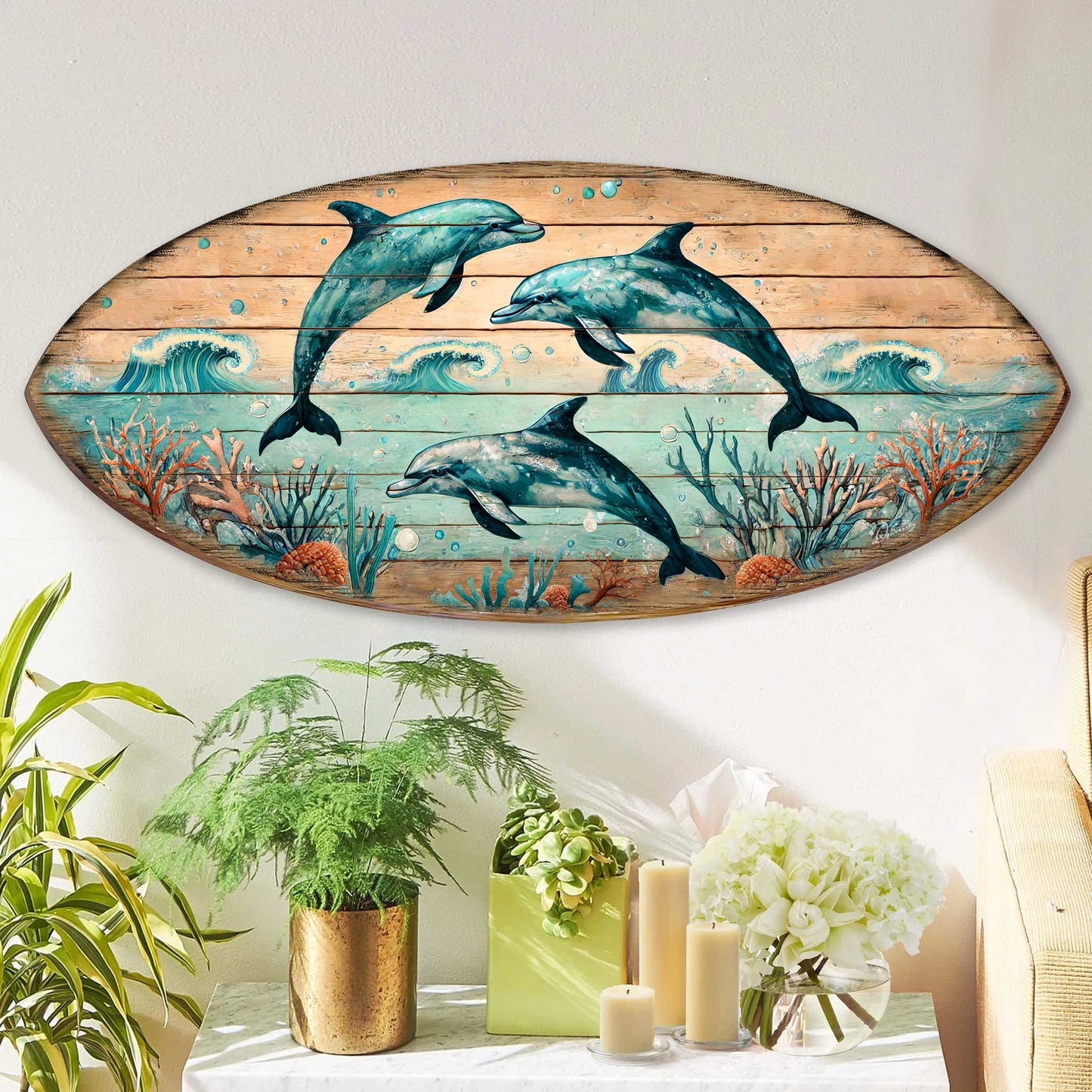 Dolphin Dance Surfboard Wall Art Wooden Decor