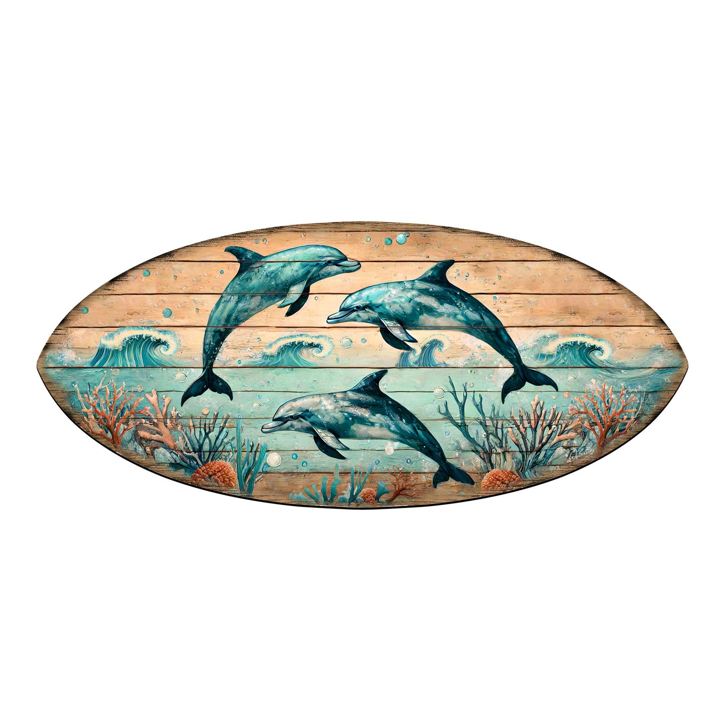 Dolphin Dance Surfboard Wall Art Wooden Decor