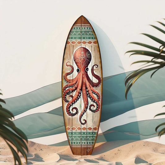 Handcrafted Coastal Ocean Octopus Surfboard Wall Art