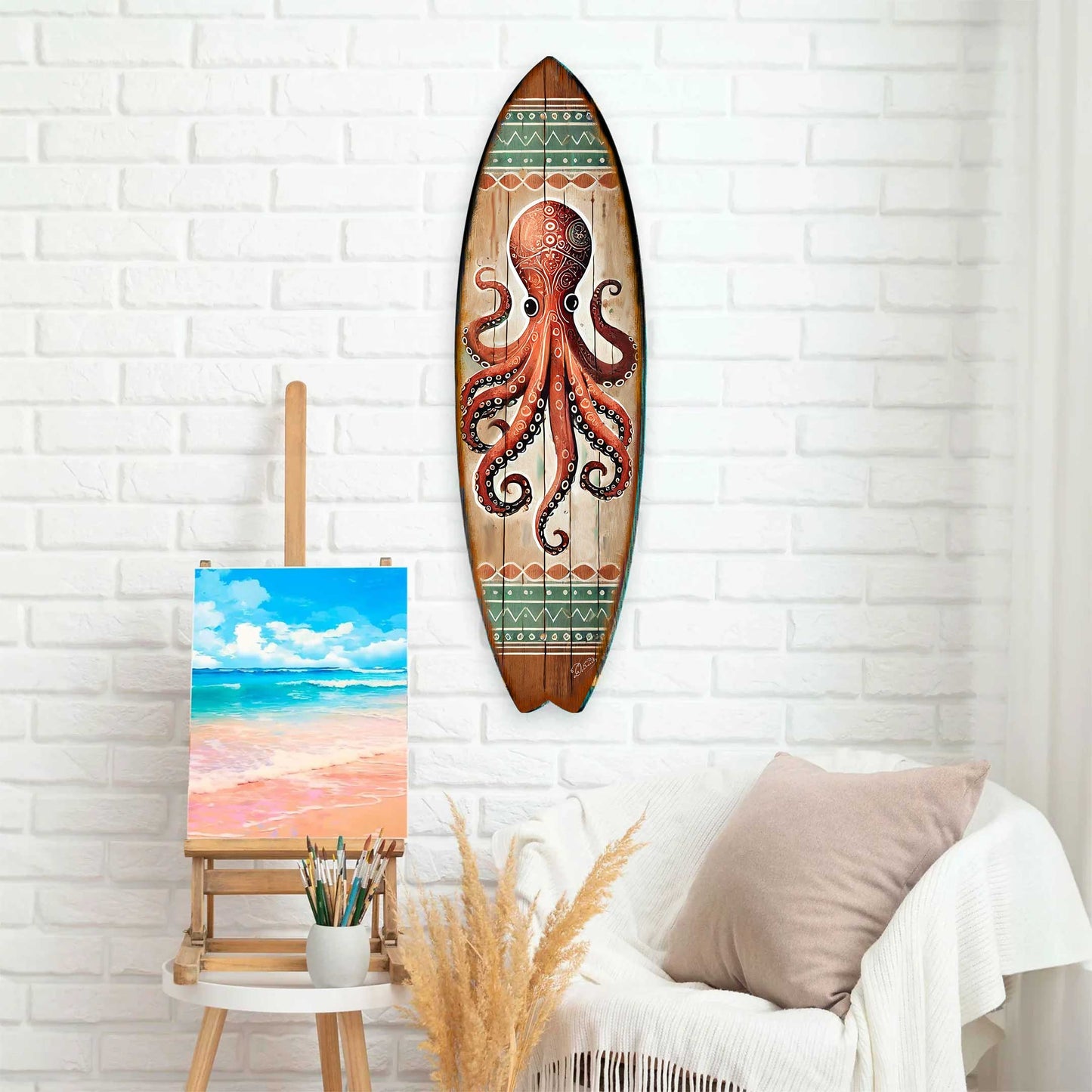 Handcrafted Coastal Ocean Octopus Surfboard Wall Art