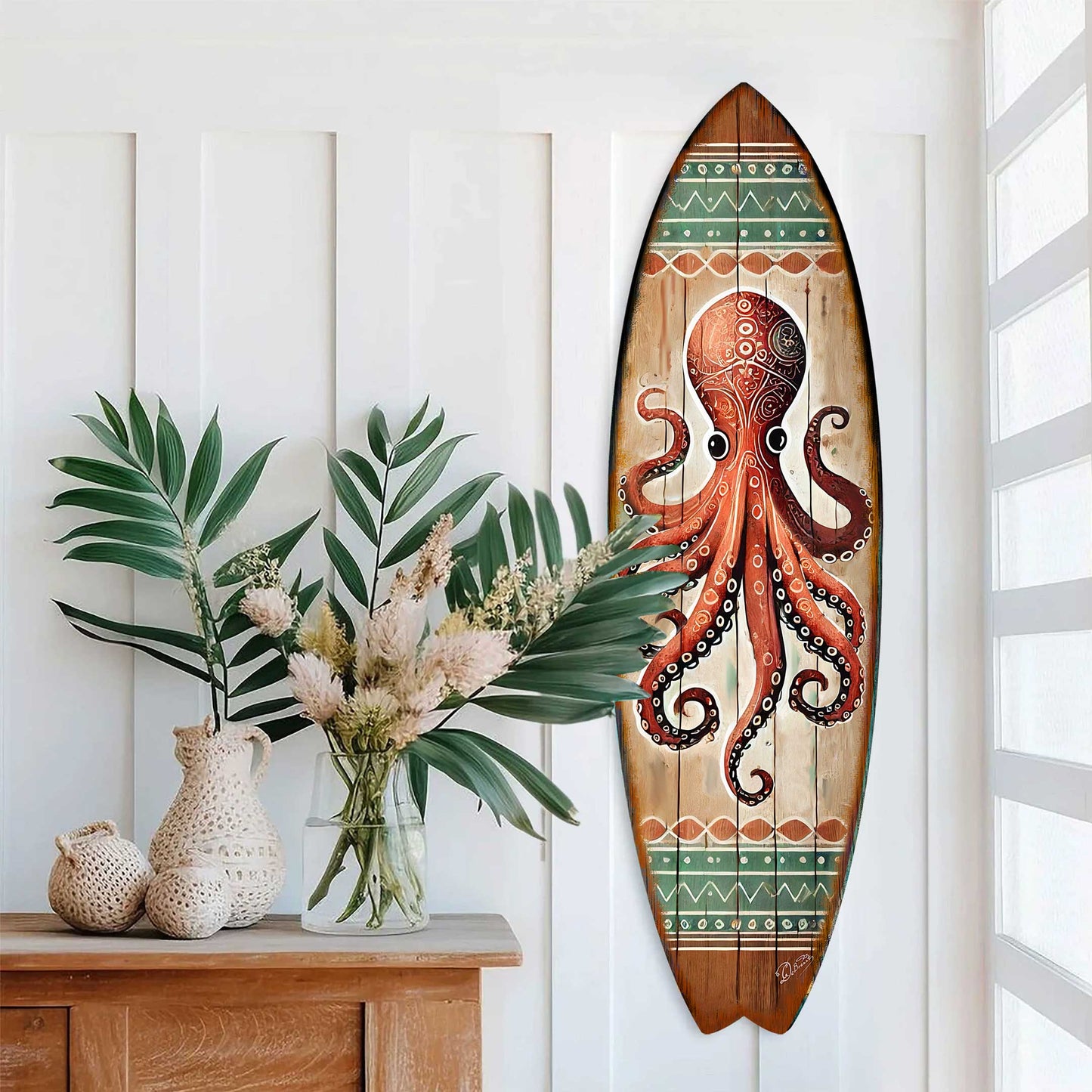 Handcrafted Coastal Ocean Octopus Surfboard Wall Art