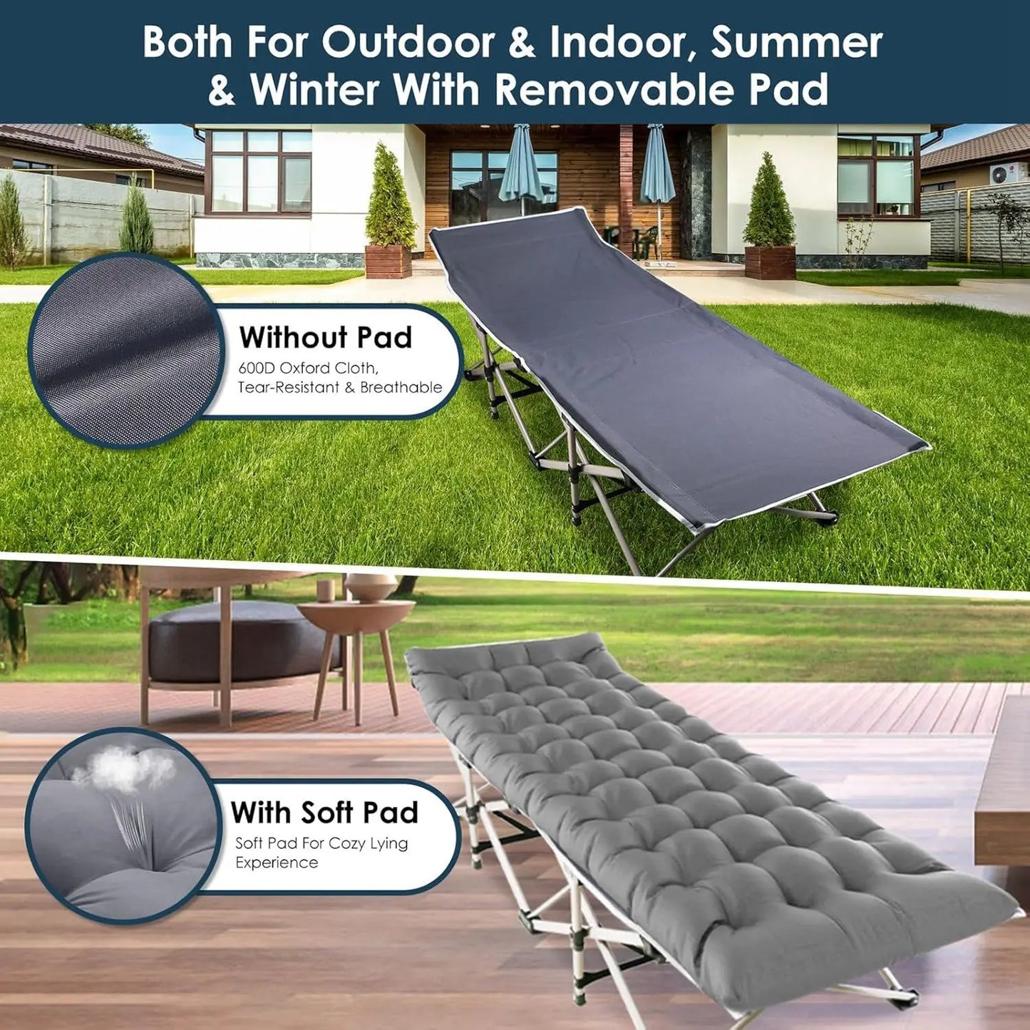 Foldable Portable Bed,  Lounge Chair with Foam Mattress