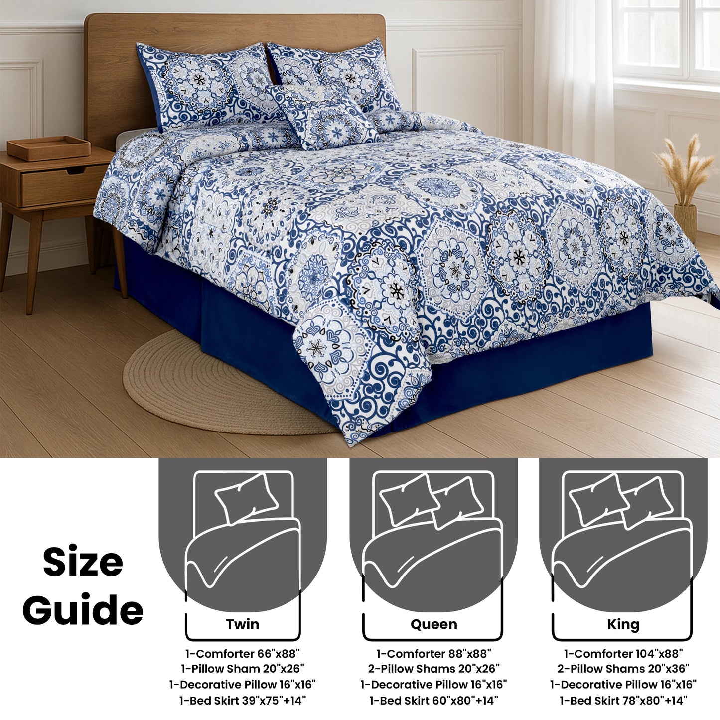 5pc Comforter Set, Printed Bedding Set, Bed in a Bag