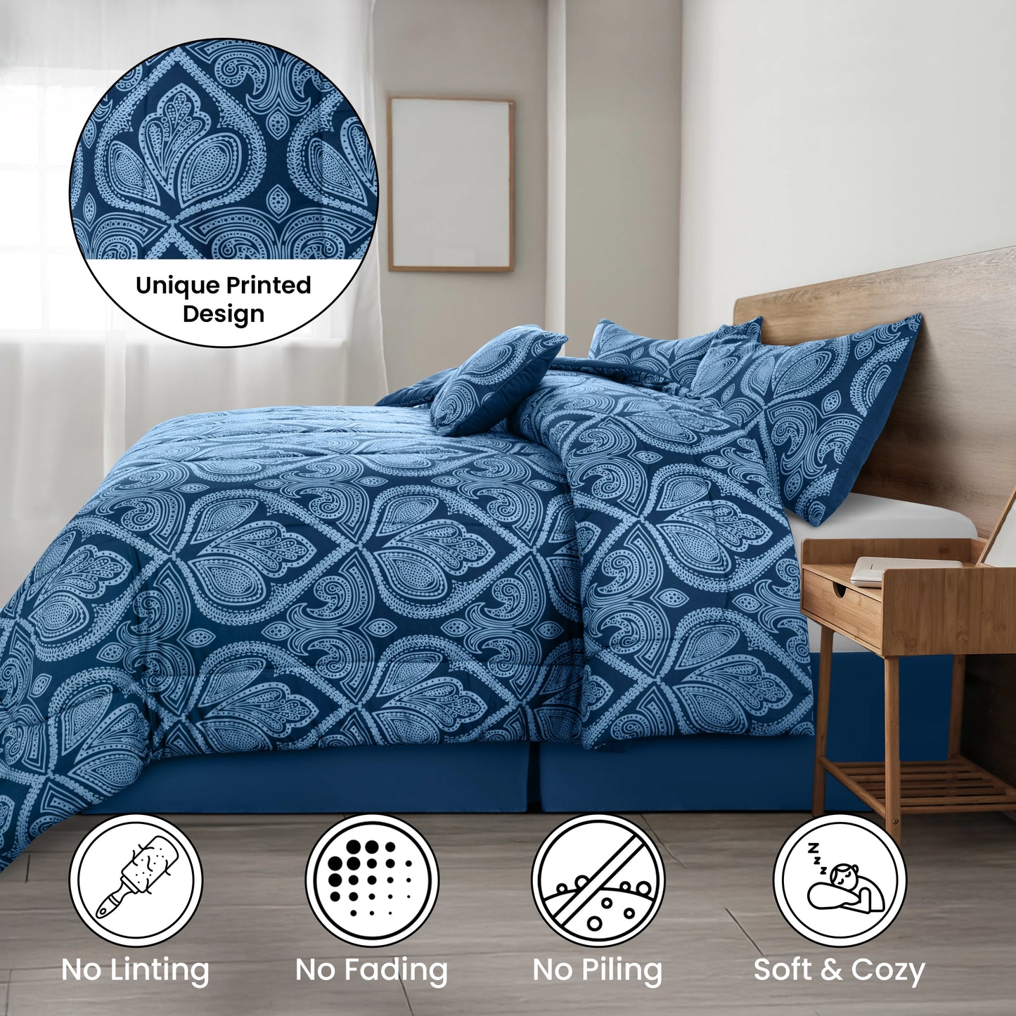 5pc Comforter Set, Printed Bedding Set, Bed in a Bag