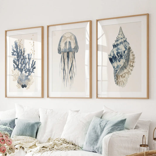 Beach House Blue Coral, Jellyfish, Shell Wall Art