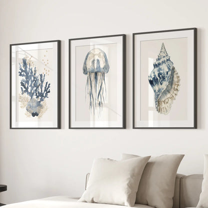 Beach House Blue Coral, Jellyfish, Shell Wall Art
