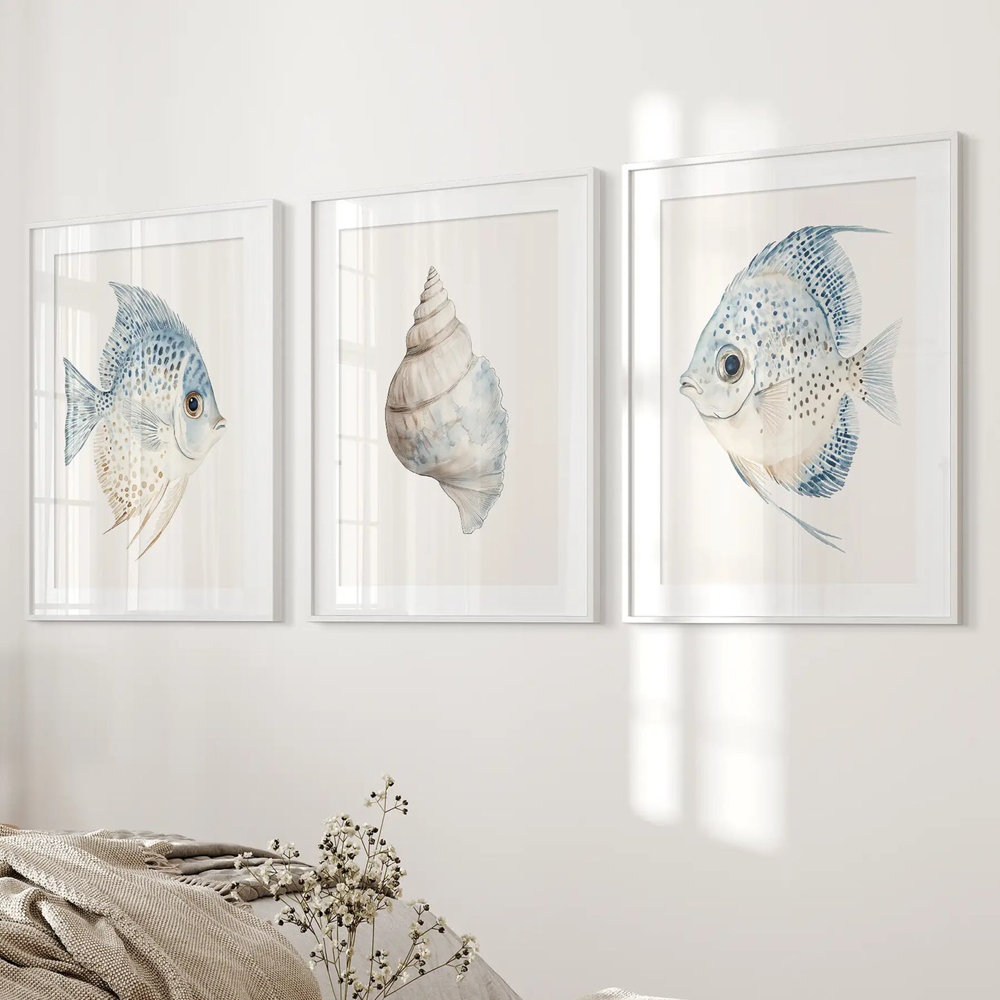 Trendy Nautical Wall Art Set of 3. Seashell and Fish Posters