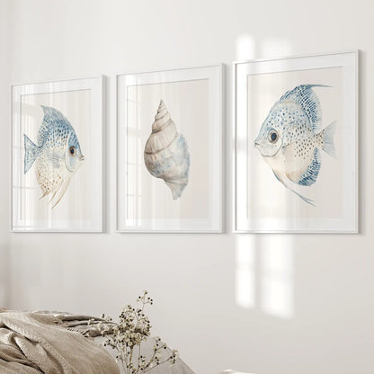 Trendy Nautical Wall Art Set of 3. Seashell and Fish Posters