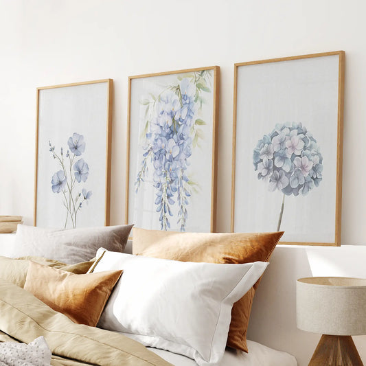 Set of 3 Blue Watercolor Minimalist Flower Prints