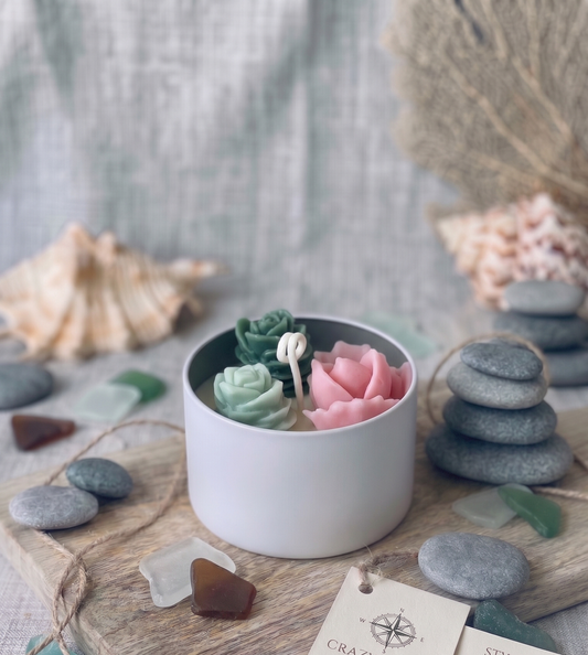 Cactus Jar Candle — Blush & Teal Rosette Garden | Soy Wax