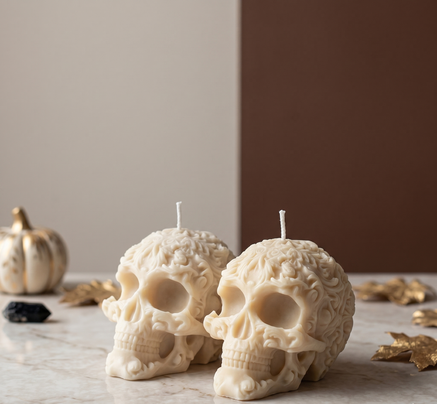 Floral Skull Sculpture Candle – Hand-Poured Soy Wax | Ivory & Gray