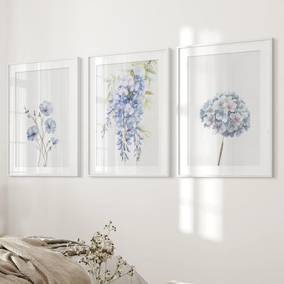 Set of 3 Blue Watercolor Minimalist Flower Prints