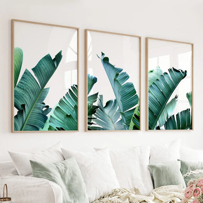 Green Banana Leaves Tropical Wall Art - 3 Piece Set.