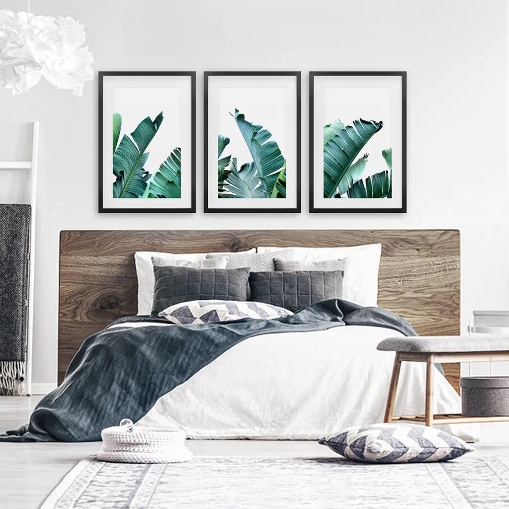 Green Banana Leaves Tropical Wall Art - 3 Piece Set.
