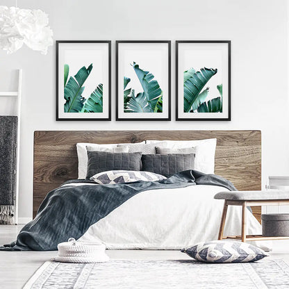 Green Banana Leaves Tropical Wall Art - 3 Piece Set.