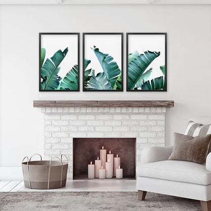 Green Banana Leaves Tropical Wall Art - 3 Piece Set.