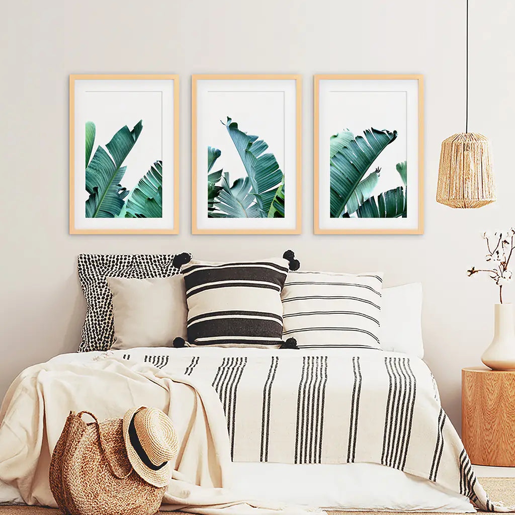 Green Banana Leaves Tropical Wall Art - 3 Piece Set.